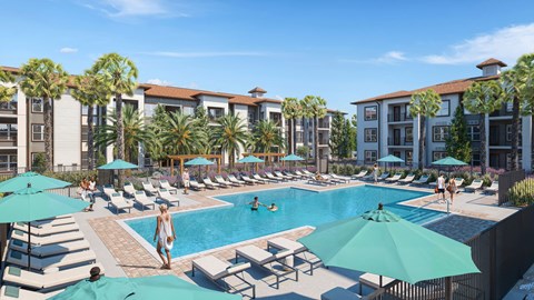 A pool area with people relaxing and a building in the background at Maison at Solivita Marketplace Apartment Homes, Kissimmee, Florida