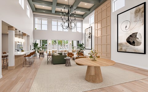 A modern living room with a large wooden coffee table and a chandelier hanging from the ceiling.