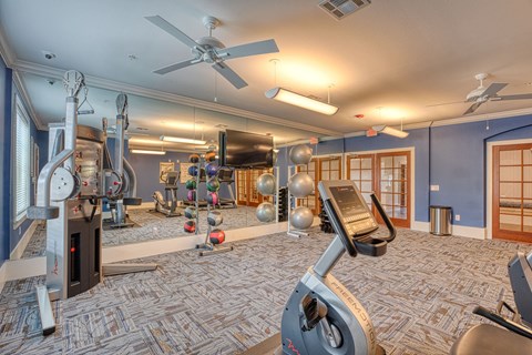 a home gym with a ceiling fan and exercise equipment at Sylvia at South Broadway 55+ Apartments, Texas
