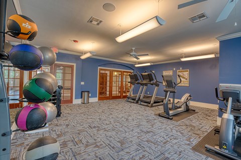 a gym with treadmills and other exercise equipment in a building with blue walls at Mariposa at Sylvia at South Broadway 55+ Apartments, Joshua