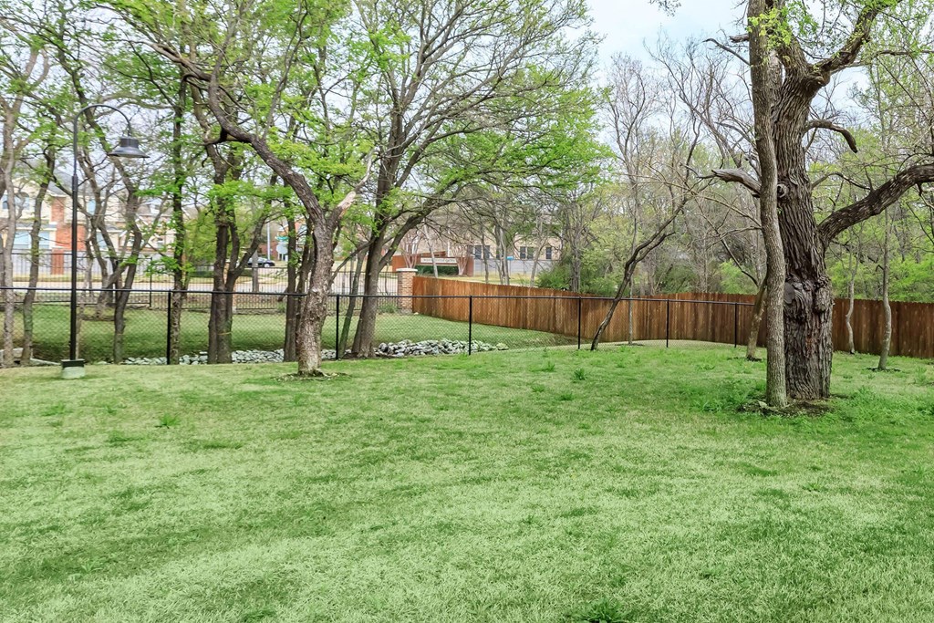 the backyard of a home with a fenced in yard and trees at Mariposa at Westchester, TX 75052 