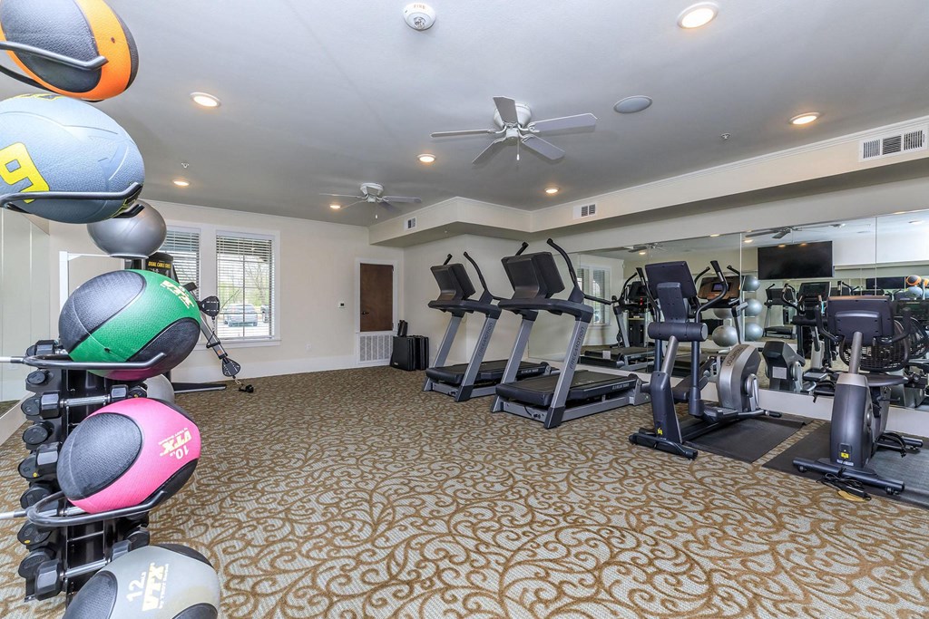 a gym with treadmills and other exercise equipment at Mariposa at Westchester, Grand Prairie Texas