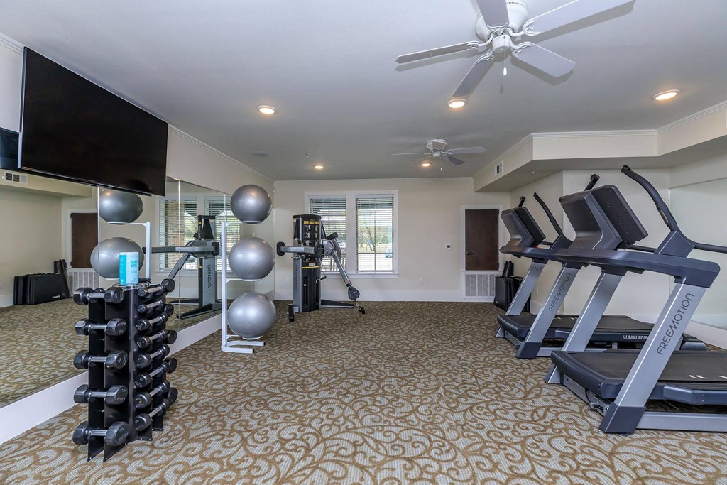 a gym with treadmills and other exercise equipment and a tv at Mariposa at Westchester, Grand Prairie