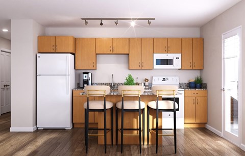 A kitchen with wooden cabinets and a white fridge.