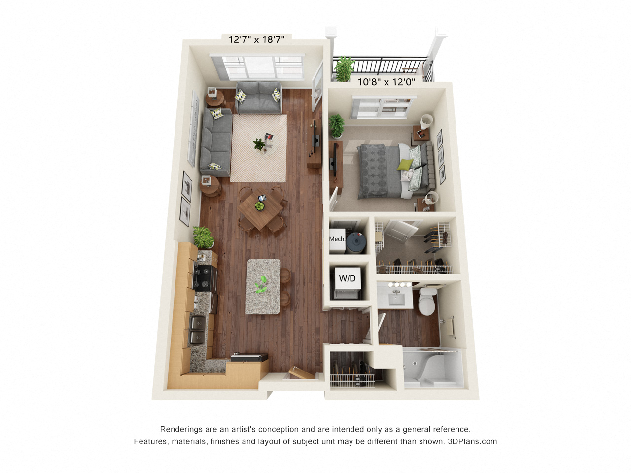 1 bedroom 1 bathroom floor plan at Preserve at Peachtree Shoals 55+ Apartments, Dacula, 30019