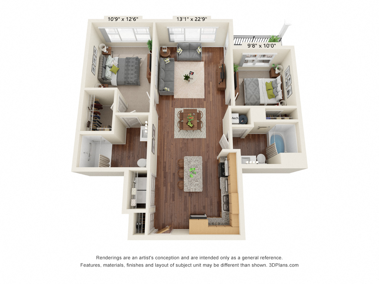 2 bed 2 bath floor plan  at Preserve at Peachtree Shoals 55+ Apartments, Dacula, GA