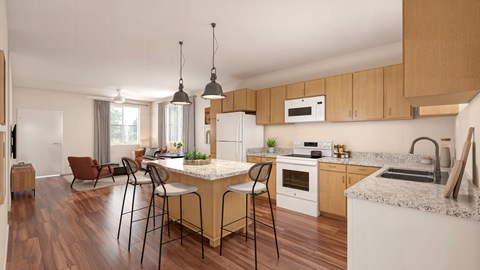 A kitchen with a table and chairs in front of it.