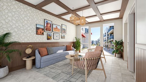 A living room with a sofa, a chair, and a table.