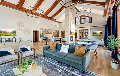 a living room with couches and chairs and a fireplace
