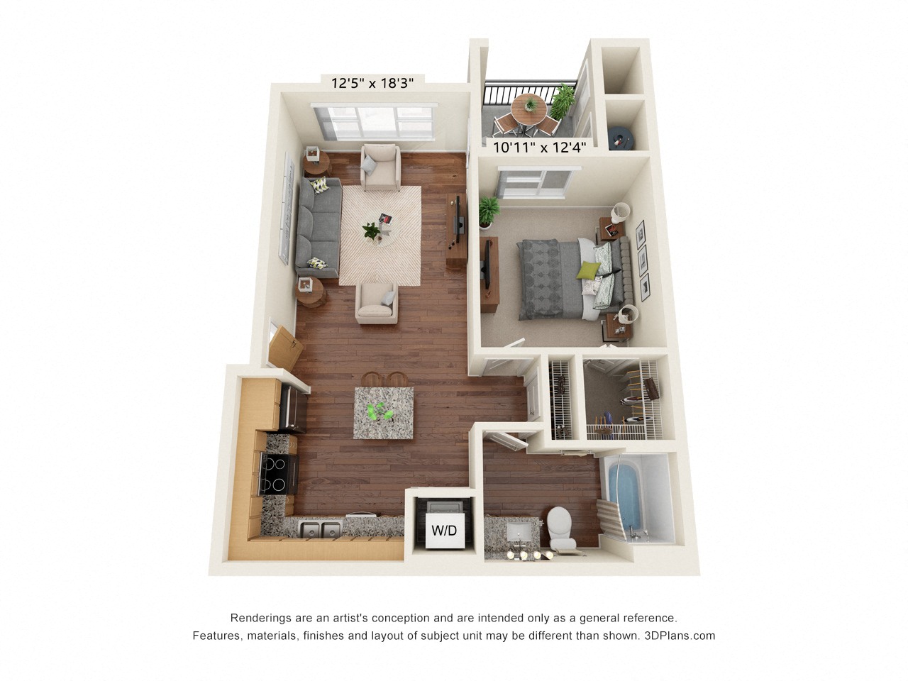 One Bedroom 1 bathroom  Floor Plan at South Range Crossings