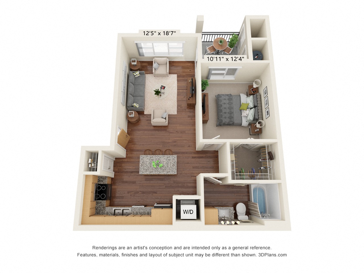 One Bedroom 1 bathroom D Floor Plan at South Range Crossings