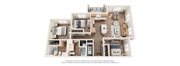 A 3D floor plan of a house with a kitchen, living room, and bathrooms.
