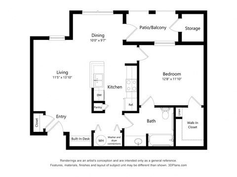 1 Bedroom 2D Floor Plan Image at The Cesera 55+ Apartments, Texas, 75040