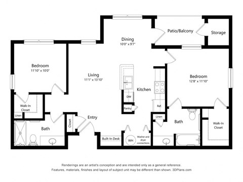 2 Bedroom 2D Floor Plan Image at The Cesera 55+ Apartments, Garland, 75040