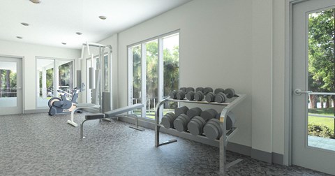 A gym with a bench, weights and a bag.