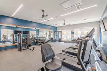A gym with treadmills and other exercise equipment.