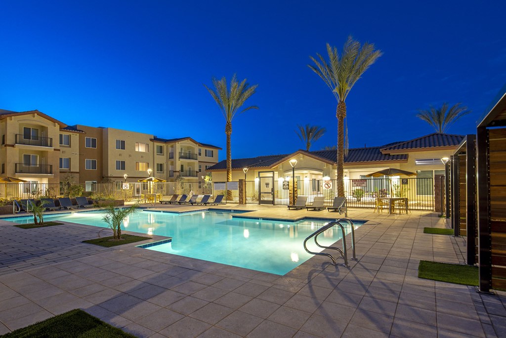 pool view at night at The Safford Apartments, Arizona, 85743