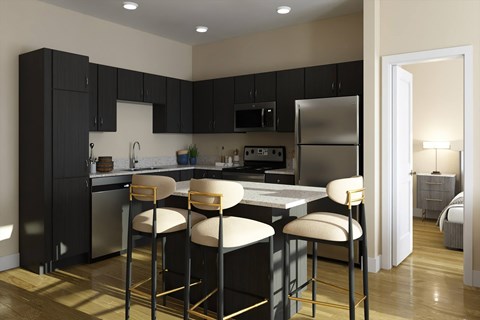 A kitchen with a bar stool and a table.