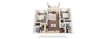 A 3D floor plan of a house with a kitchen, living room, and bathrooms.