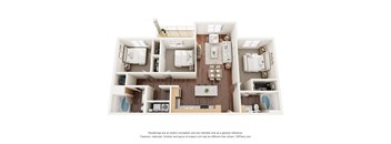 A 3D floor plan of a house with multiple rooms.
