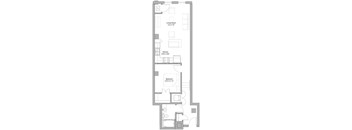 A floor plan of a house with a living room, kitchen, and bedroom.