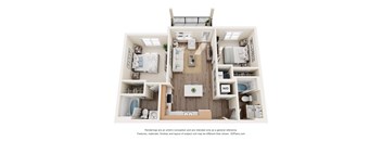 A 3D floor plan of a house with a kitchen, living room, and two bedrooms.