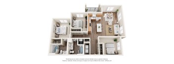 A 3D floor plan of a house with multiple rooms and furniture.