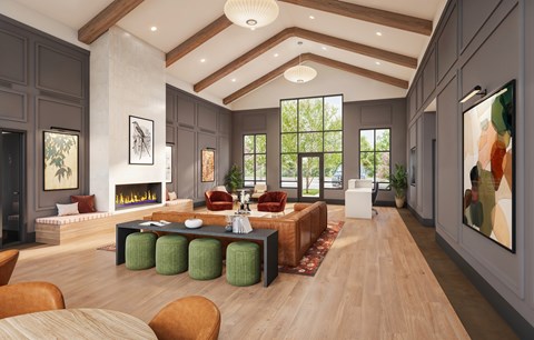 A modern living room with a fireplace and a painting on the wall.
