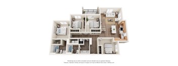 A 3D floor plan of a house with multiple bedrooms and bathrooms.