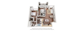 A 3D floor plan of a house with labeled rooms.