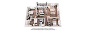 A 3D floor plan of a house with a kitchen, living room, and two bedrooms.