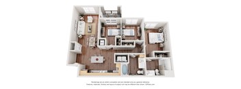 A 3D floor plan of a house with a kitchen, living room, and two bedrooms.