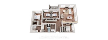 A 3D floor plan of a house with a kitchen, living room, and two bedrooms.