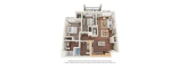 A 3D floor plan of a house with a kitchen, living room, and bathroom.