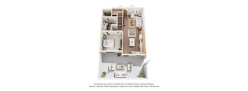 A 3D floor plan of a house with a living room, kitchen, and two bedrooms.