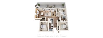 A 3D floor plan of a house with a kitchen, living room, dining room, and two bedrooms.