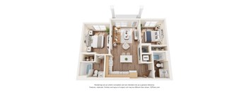 3D floor plan of two bedroom apartment layout at Skyline Flats Apartments, Nevada