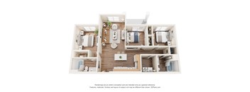 3D floor plan of three bedroom apartment layout at Skyline Flats Apartments, Reno, NV 89512