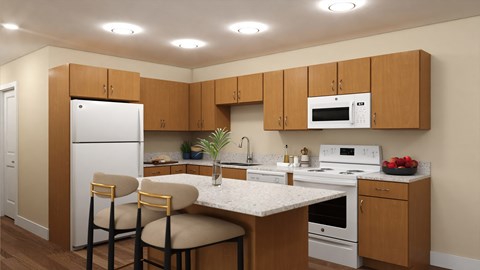 A kitchen with a white countertop and wooden cabinets.