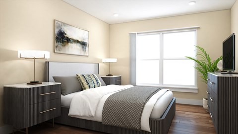 A bedroom with a large bed, a nightstand, and a painting on the wall.