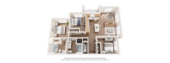 3D floor plan of spacious three bedroom layout at Skyline Flats Apartments, Reno, 89512