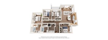 3D floor plan of four bedroom apartment layout at Skyline Flats Apartments, Reno