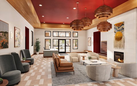 A modern living room with a fireplace and comfortable seating.