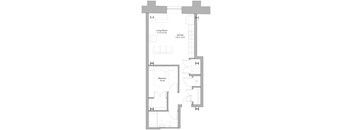 A floor plan of a house with a living room, kitchen, and bedroom.