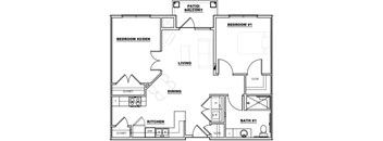 A black and white image of a house floor plan with a living room, dining room, kitchen, and two bedrooms.