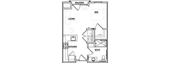A black and white image of a floor plan for a small apartment.