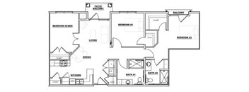 A black and white image of a house floor plan with a living room, kitchen, dining room, and three bedrooms.