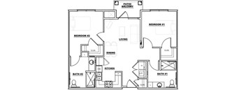 A black and white image of a house floor plan with a living room, two bedrooms, a dining room, a kitchen, and two bathrooms.