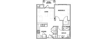 A black and white floor plan of a small apartment with a living room, kitchen, bedroom, and bathroom.