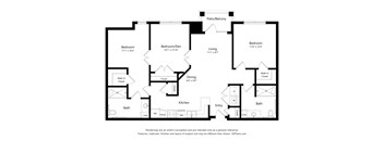 A black and white image of a floor plan for a house with four bedrooms, a living room, a dining room, a kitchen, and two bathrooms.